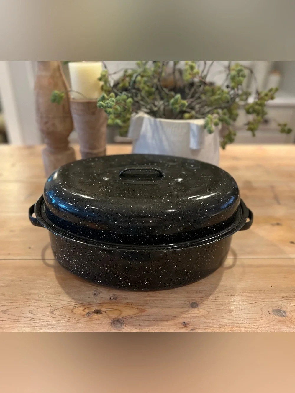 Vintage Speckled Black 16” Enamel Roasting Pan with Cover & Juice Grooves